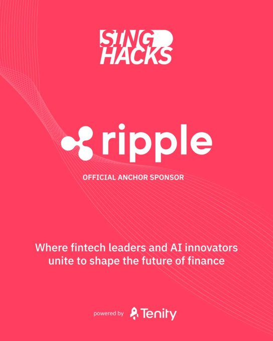 A promotional graphic with a pink background announcing 'ISNG HACKS' sponsored by Ripple as the Official Anchor Sponsor, with the tagline 'Where fintech leaders and AI innovators unite to shape the future of finance,' powered by Tenity.