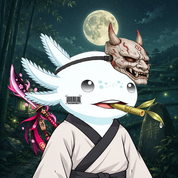 A digital illustration of a cute white axolotl-like character in a kimono with a barcode on its face, wearing a demonic oni mask on its head, holding a sword and a bamboo tube in its mouth, set against a moonlit bamboo forest.