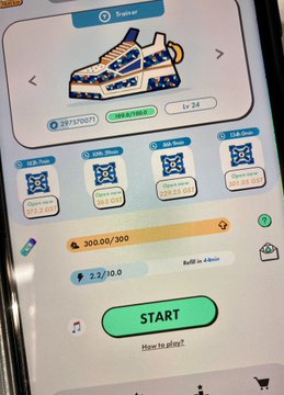 A screenshot of a mobile game interface, likely STEPN, showing a digital sneaker trainer at Level 24 with various countdown timers and currency balances like "300.00/300." The image visualizes the gameplay mechanics mentioned in the post's comment about the difficulty of the game.