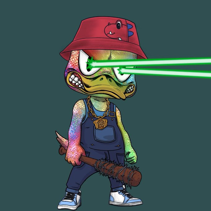 A cartoon illustration of an angry anthropomorphic duck wearing a red bucket hat with a dinosaur design, blue overalls with a 'TBB' pendant, and holding a barbed wire bat while shooting green laser beams from its eyes.
