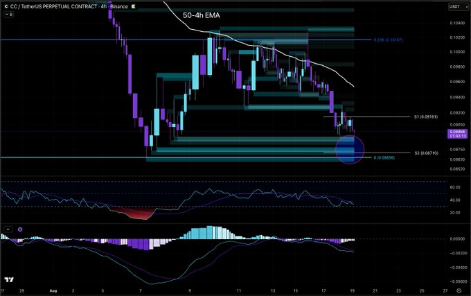 This TradingView chart displays the CC/TetherUS perpetual contract on Binance with key technical levels annotated: the 50-4h EMA (0.10167), S1 pivot support (0.09151), current price (0.08881), and S2 pivot support (0.08750), highlighting a potential double bottom formation as the post describes. The visible circled zone near S2 suggests the anticipated liquidity sweep below the local low before a reversal, consistent with the post's prediction of a brief dip to trigger stop-losses before bouncing off pivot support.