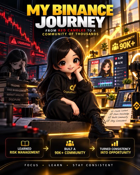A stylized illustration promoting "My Binance Journey: From Red Candles to a Community of Thousands," featuring an anime-style character sitting amidst trading screens showing red liquidation charts, books labeled "Trading," "Risk Management," "Market Analysis," and "Discipline," a live stream with 8.2K viewers and "Community 90K+," and a checklist emphasizing "Create Content," "Share Knowledge," "Build Community," and "Stay Consistent." The image visualizes the caption's message of transforming from a beginner drawn to Binance by the allure of quick profits into a disciplined educator who built a thriving community of over 90K by focusing on risk management, consistency, and sharing knowledge.
