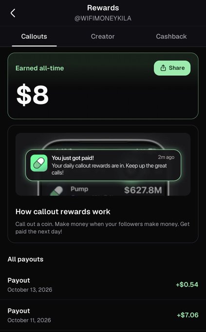 A mobile app screenshot of a Rewards page showing $8 earned all-time in callout rewards, with recent payouts of +$0.54 on October 13, 2026 and +$7.06 on October 11, 2026.