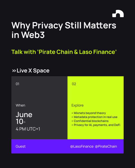 The image features a poster for a webinar titled "Why Privacy Still Matters in Web3". The poster includes a yellow square with white text that reads "When", followed by a purple square containing the date "June 10th" and the time "4 PM - UUT1". There is also a green square on the poster displaying the title of the webinar, which is "Talk with Pirate Chain & LASO Finance". The poster includes a link to the webinar for more information.