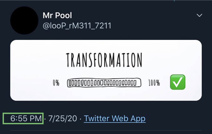 A tweet from "Mr Pool" (@looP_rM311_7211) posted at 6:55 PM on 7/25/20 via Twitter Web App features a humorous illustration of a "Transformation" progress bar that is completely full (100%) with no visible progress made, marked by a green checkmark—jokingly representing the user's claim that their $XRP holdings have fully transformed or multiplied.