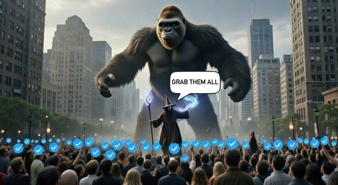 A giant gorilla towers over a city crowd with checkmark icons floating around them, while a wizard below exclaims "GRAB THEM ALL," illustrating how quickly social media captures user engagement.