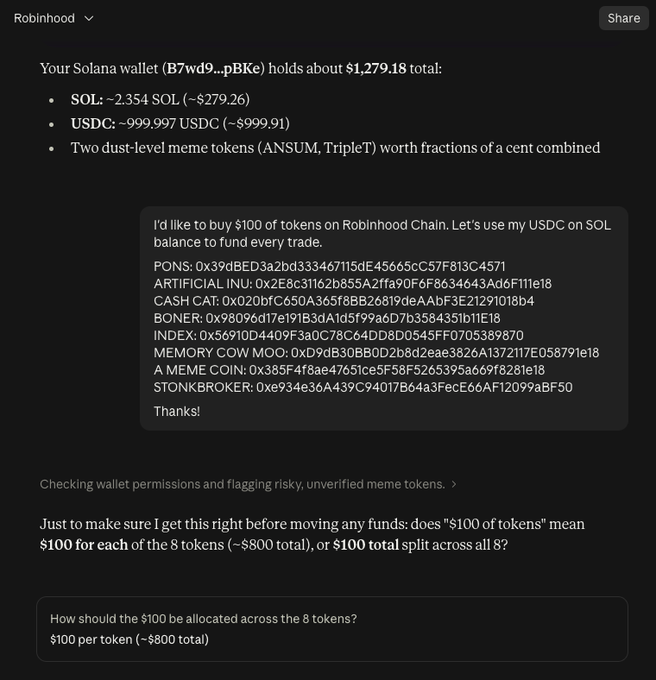A screenshot of a Robinhood Wallet interface showing a Solana wallet with a balance of ~$1,279.18, including 2.354 SOL, ~999.997 USDC, and two dust-level meme tokens (ANSUM, TripleT). The image illustrates the accompanying post by demonstrating how an AI agent (Claude) is being asked to buy $100 worth of various tokens—including "MEMORY COW," "BONER," "STONK BROKER," and "ARTIFICIAL INU"—directly through the Robinhood Chain.