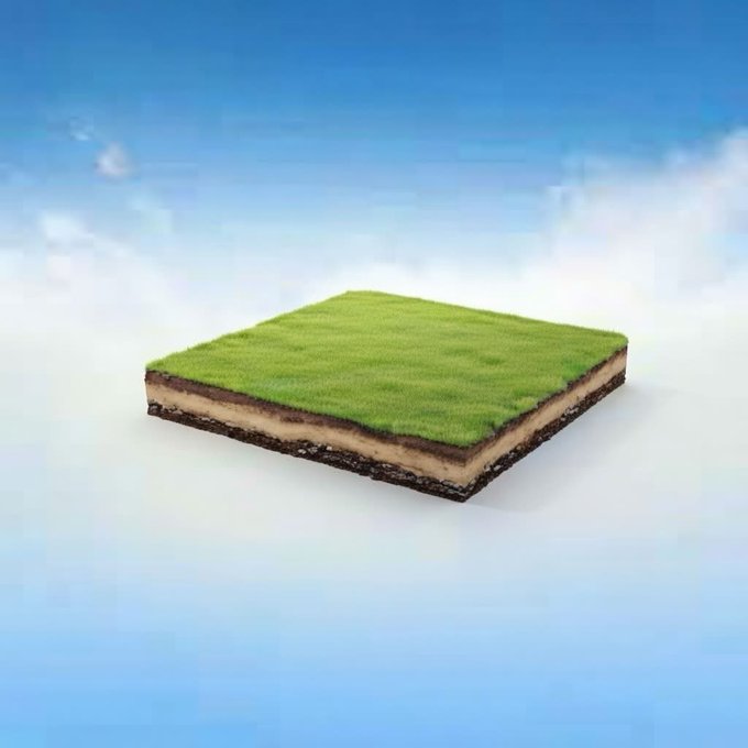 A cross-section block of earth with grass on top, dark soil at the bottom, and a tan middle layer floats against a sky background. The image's layered earth structure visually represents "filling out" or expanding something, aligning with the "Filling out DEX" caption about growing or building out a decentralized exchange platform.