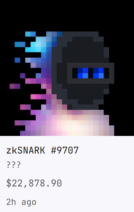 A pixel art NFT listing titled 'zkSNARK #9707' with an unnamed (???) glitchy character featuring blue and purple glitch effects, priced at $22,878.90 from 2 hours ago.