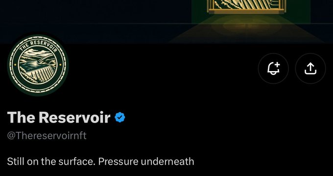 The image shows the X (formerly Twitter) profile page for "The Reservoir" (@Thereservoirnft), featuring a verified account with a circular logo depicting a landscape, and the bio reading "Still on the surface. Pressure underneath." This relates to the accompanying post highlighting The Reservoir NFT project, which has a supply of 3,333 on the Robinhood chain as a free mint, where each Vessel evolves based on holder activity rather than pre-assigned traits, and uses $RSV as its utility token.