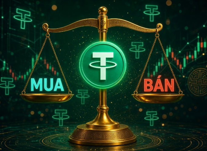 A stylized graphic of a golden balance scale with a glowing green Tether (USDT) coin in the center, flanked by the Vietnamese words "MUA" (Buy) in cyan on the left and "BÁN" (Sell) in red on the right, against a backdrop of green trading candlesticks.