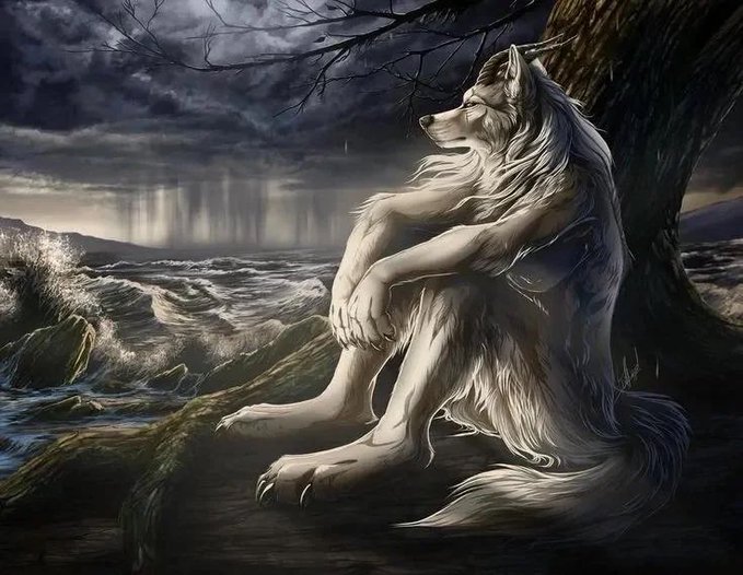 A lone white wolf sits pensively against a barren tree, watching a turbulent sea under a stormy sky — its solitary, weathered stance mirrors the post's defiant call to rally the $Alpha ticker after shaking off a weak-handed 8% buyer.