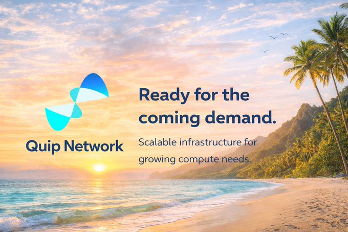 A promotional banner for 'Quip Network' with the tagline 'Ready for the coming demand. Scalable infrastructure for growing compute needs' set against a tropical beach sunset.