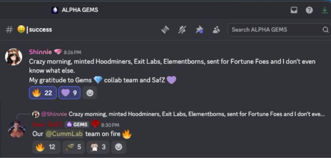 A Discord screenshot from '#🎯success' in the 'ALPHA GEMS' server shows messages from users 'Shinnie' and 'Uve' discussing NFT minting and collaborations.