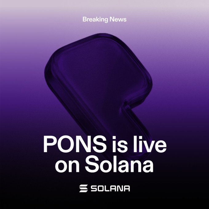 A sleek purple-toned announcement graphic featuring a 3D glossy "P" emblem with the text "Breaking News: PONS is live on Solana" and the official Solana logo, promoting the launch of the PONS token (ethereum:0x07f5b6823751c2e2cd4560f28af75ff887102241) on the Solana blockchain via Sunrise, now accessible across major Solana apps including Raydium, dFlow, Titan Exchange, Phantom, and Jupiter.