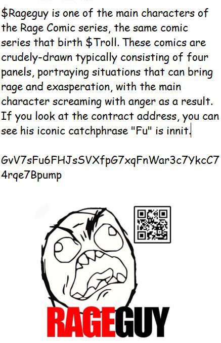 An informational graphic about $Rageguy, describing the meme character, showing a contract address, a QR code, and the iconic angry cartoon face with 'RAGEGUY' text below.