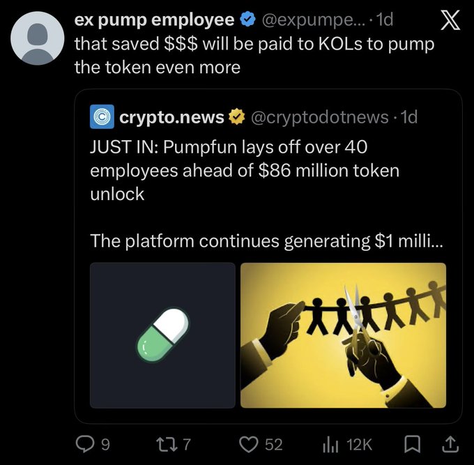 Twitter/X screenshot where user 'ex pump employee' (@expumpe...) comments 'that saved $$$ will be paid to KOLs to pump the token even more' on a crypto.news article about 'Pumpfun lays off over 40 employees ahead of $86 million token unlock.'