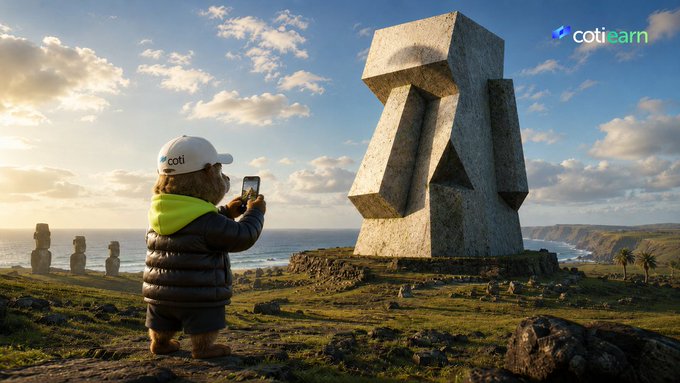 The image features a bear standing next to a large stone statue, with the bear holding a cell phone up to take a picture of the monument. The backdrop includes a beautiful blue sky and water, creating an interesting contrast between nature and man-made structures. The caption for the image reads "Carbon DeFi is back for COTI Earn Season 4 Your mission: deploy liquidity on Carbon DeFi to earn daily TPS $USDC $USDT $wETH $wBTC $wADA → 300 TPS $COTI, $gCOTI → 150 TPS Convert TPS to $COTI at season's end". The bear and the stone statue are located in a field near the water.