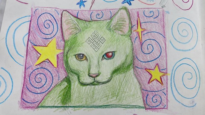 The image features a green cat drawing, which appears to be hand-drawn with colored pencils. The cat has two eyes and one nose, giving it a unique appearance. The background of the image consists of stars and swirls, adding an artistic touch to the scene. The caption below the image reads "After all the Hard work today I make a handmade art with different color add him Handmade art always carries a different energy Created this piece with Ritual vibe and creativity @ritualfnd @Jez_Cryptoz Simple lines bold colors and symbolic #gritual #siggy".