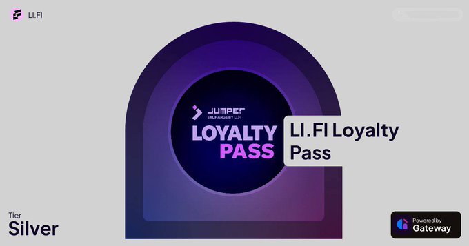 A LI.FI Loyalty Pass digital card showing 'Silver' tier status, powered by Gateway, featuring the Jumper Exchange by LI.FI branding.