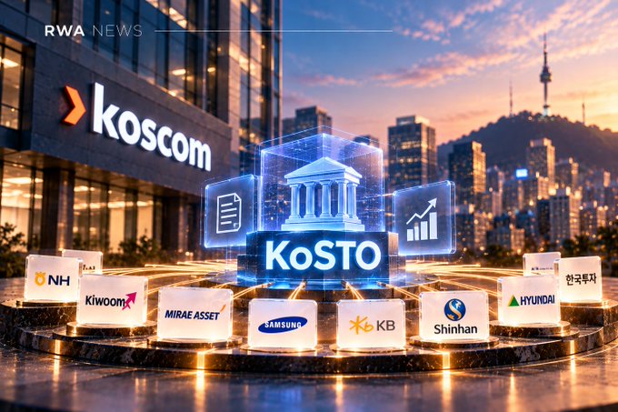 A digital 'RWA NEWS' graphic features a central 'KoSTO' hologram surrounded by logos of Korean financial companies including NH, Kiwoom, Mirae Asset, Samsung, KB, Shinhan, and Hyundai against a city skyline.
