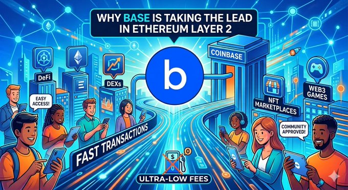 The image depicts a group of people using their phones with text overlaying them that says "Why base is taking the lead...in etherum layer 2." They are standing next to each other, focusing on their devices as if they were engaged in some sort of conversation or activity. There is also a website for @base and a social media platform visible in the image. The overall atmosphere suggests an environment where technology plays a significant role.