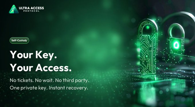 A dark green promotional banner for "Ultra Access Protocol" featuring twin glowing padlock icons on a digital circuit board, with the text "Self-Custody," "Your Key. Your Access.," and "No tickets. No wait. No third party. One private key. Instant recovery." The image visually reinforces the post's message about simplified, self-custody recovery by showing only the essential elements: a private key and instant access—symbolizing the elimination of lengthy exchange verification processes.