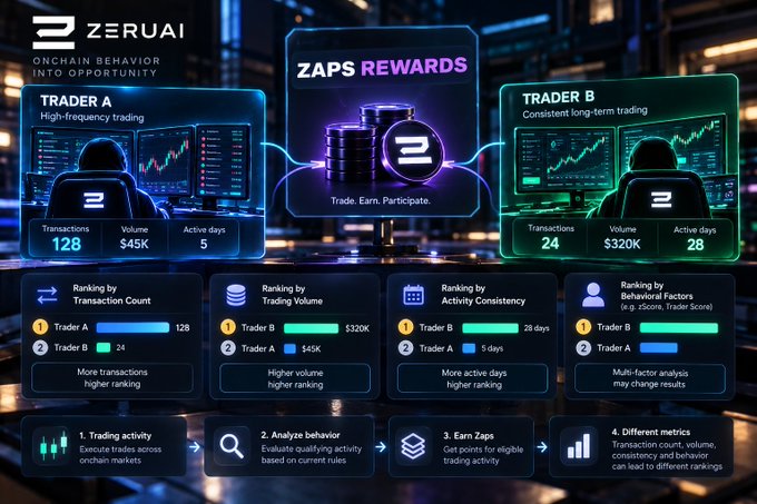 A promotional graphic for Zeruai's 'ZAPS REWARDS' program, detailing trader rankings by transaction count, trading volume, activity consistency, and behavioral factors.