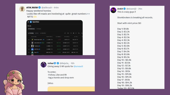 A purple-themed graphic showing cryptocurrency/financial tweets, including @atikrush mentioning 'rft maxis are involved at quite great numbers', @xiaomaiji noting 'stonkbrokers is breaking all records' with daily mint prices from $0 to $93.9k over 20 days, and @0xjulia giving away 5 WL spots for @unvault.