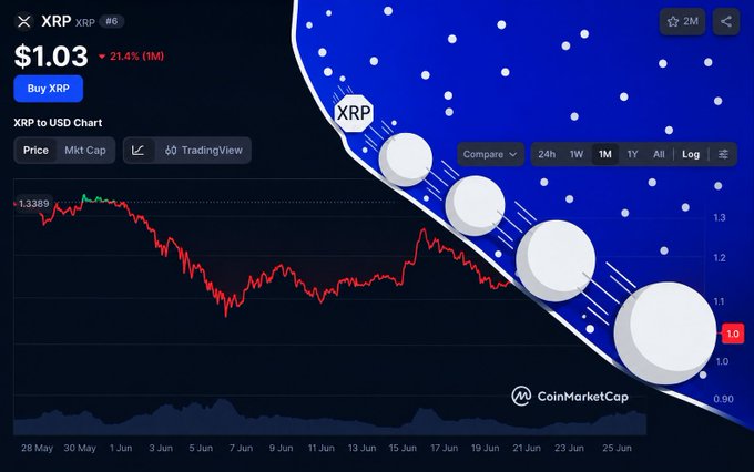 A CoinMarketCap chart shows XRP trading at $1.03, down 21.4% over the past month, with the price steadily declining from around $1.3389 in late May. The image visually reinforces the post's message about XRP holders ("the XRP Thesis bros") weathering a significant bearish downturn while maintaining conviction in the asset.