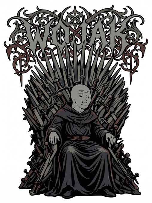 The image features an illustration of a person sitting on a throne, which appears to be made of swords and spears. This is connected to Bitcoin because there's a Bitcoin symbol that resembles a sword in its design. The scene also includes text elements related to Bitcoin, such as "Binance US stepping into ethereum:0x8de39b057cc6522230ab19c0205080a8663331ef, set the CA, and ultimately price it is extremely reasonable—retail investors don'".