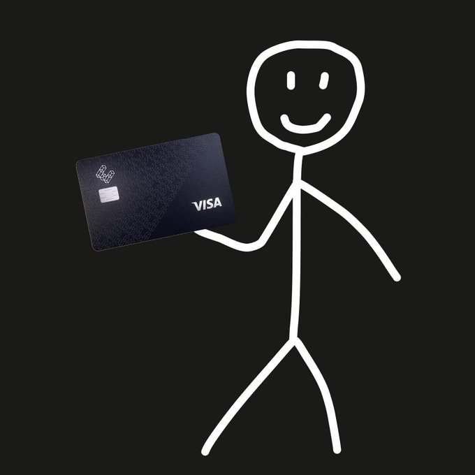 A simple white stick figure on a black background holds up a dark Visa credit card featuring a chip, visually representing the user's interest in opening a card with ether.fi. The image humorously depicts someone eagerly presenting the credit card offer mentioned in the caption.