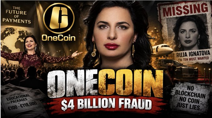 A YouTube thumbnail-style image about the OneCoin scam titled 'ONECOIN $4 BILLION FRAUD,' featuring Ruja Ignatova labeled as 'MISSING' and 'FBI TEN MOST WANTED,' along with text reading 'NO BLOCKCHAIN NO COIN JUST LIES.'
