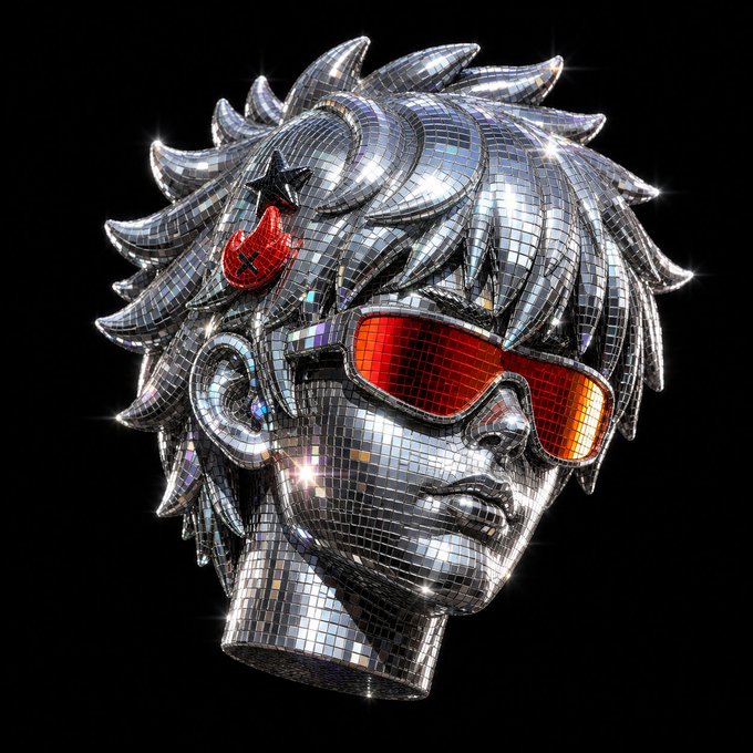 A 3D disco-ball style rendering of an anime character's head with spiky silver hair and red-tinted sunglasses against a black background.
