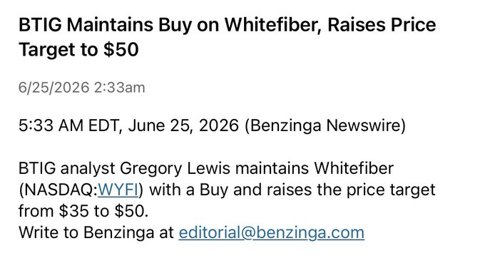 The image shows a Benzinga news article dated June 25, 2026, with the headline "BTIG Maintains Buy on Whitefiber, Raises Price Target to $50," noting that analyst Gregory Lewis raised the price target on $WYFI from $35 to $50. This aligns with the post's excitement about an upgrade to a $50 target on Whitefiber ($WYFI), supporting the claim of a bullish analyst move while noting the poster's view that the stock is being "tailed" due to high-profile investor interest.