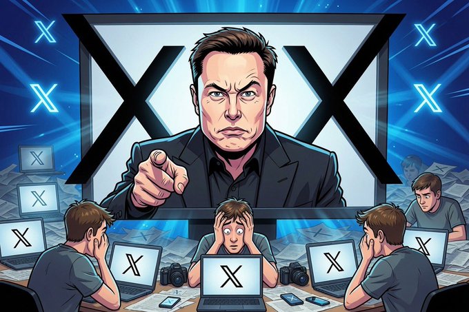 A cartoon illustration showing Elon Musk pointing aggressively, surrounded by distressed workers on laptops displaying the X logo, with large X symbols in the background.