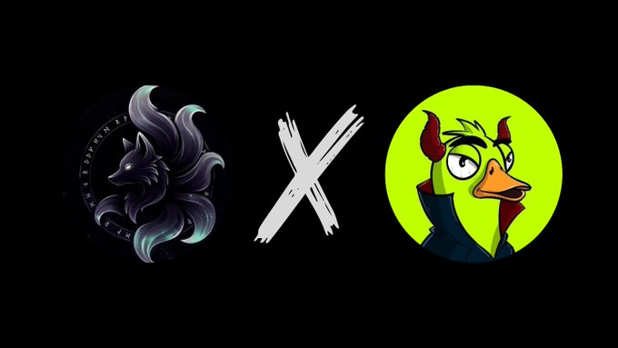A graphic displays two circular logos separated by a white brushstroke 'X' on a black background: a stylized dark nine-tailed fox on the left and a green-skinned demon duck character on the right.