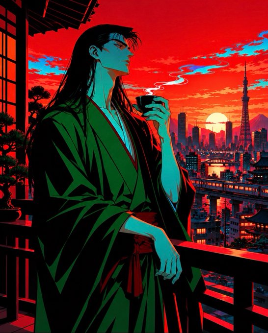 An anime-style illustration of a man in a green kimono holding a cup, overlooking a city skyline at sunset with Tokyo Tower in the background.