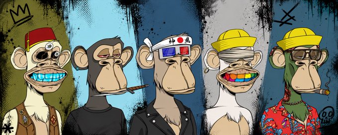 The image features five anthropomorphic monkeys wearing hats, each with a different color or style of hat. The first monkey wears a red hat, followed by two more who wear blue hats. The fifth monkey has a yellow hat, while the last one sports a black hat. All the monkeys are standing in front of a gray background and appear to be posing for a picture together.