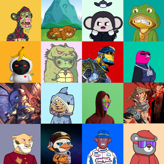 A 4x4 grid showcasing sixteen different colorful digital NFT-style character illustrations, including monkeys, a banana-suited figure, and a turtle.