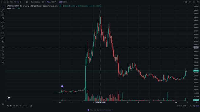 A financial candlestick chart displayed on TradingView shows CASH/USDT (USDT) on the Bithumb exchange with a significant price spike followed by a sharp decline over the July timeframe.