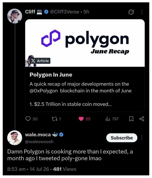 A screenshot of a tweet by @waleswoosh commenting on a shared post about Polygon's June Recap, noting that $2.5 Trillion in stablecoin moved.