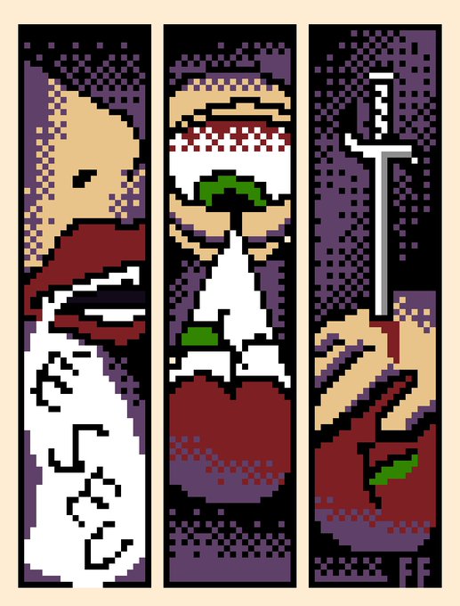 A pixel art triptych shows a cartoon character: looking tired while holding a sign reading 'PLS', screaming with a baseball and bat, and holding a baseball bat.