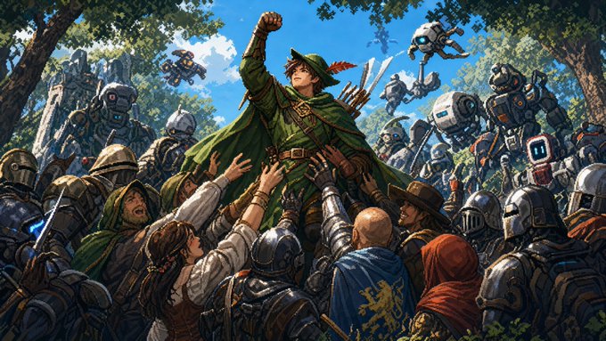 An anime-style illustration showing a green-cloaked hero with a sword raised triumphantly while being held aloft by a crowd, surrounded by knights, soldiers, and small robots in a forest setting.