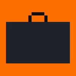 A simple flat-style icon of a dark briefcase on a solid orange background.