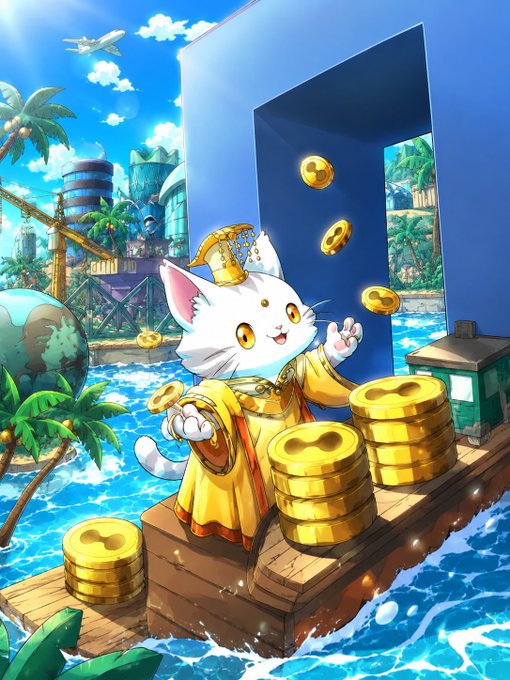 A vibrant, colorful anime-style illustration of a white cat wearing a gold robe and hat, sitting on a wooden pier surrounded by stacks of gold coins, with a tropical island and futuristic city in the background.