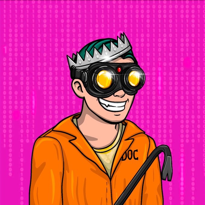 A cartoon character with green hair wearing a spiky crown, glowing yellow goggles, and an orange prison-style jumpsuit with "DOC" visible, holding a crowbar against a pink patterned background.