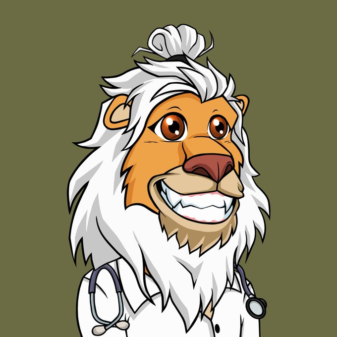 A cartoon-style illustration of a smiling anthropomorphic lion character wearing a white doctor's coat with a stethoscope around its neck.
