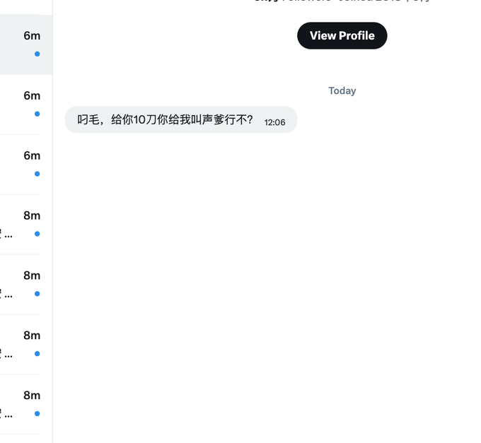 A screenshot of a messaging app chat list showing messages with durations '6m' and '8m' and one message in Chinese reading '叼毛，给你10刀你给我叫声爹行不?' timestamped 12:06.