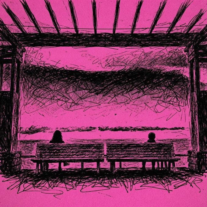 A sketchy, scribble-style drawing in pink and black depicting two figures sitting on benches under a sheltered structure, looking out toward a distant horizon.